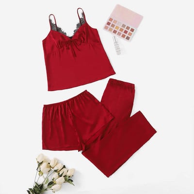 3 DB hát nélküli szatén szexi pizsama fekete csipke pizsama nadrággal, bő spagettipántos intim fehérnemű hálóruha női Pj szett