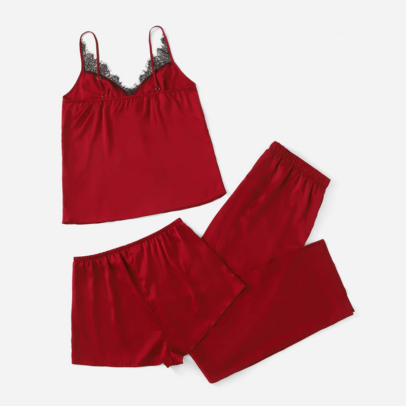 3 DB hát nélküli szatén szexi pizsama fekete csipke pizsama nadrággal, bő spagettipántos intim fehérnemű hálóruha női Pj szett