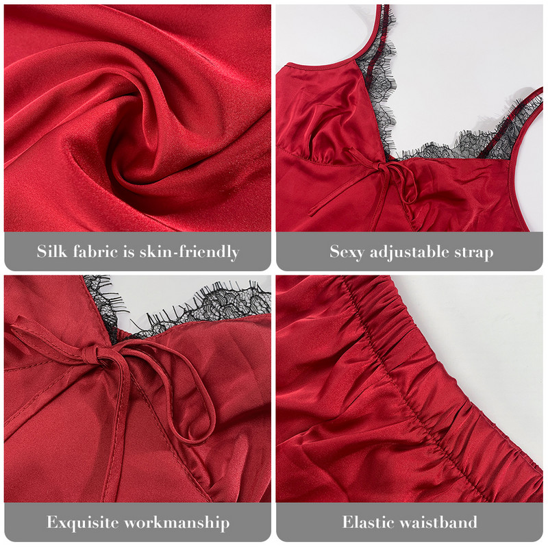 3 DB hát nélküli szatén szexi pizsama fekete csipke pizsama nadrággal, bő spagettipántos intim fehérnemű hálóruha női Pj szett