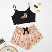 Nyári női hálóruha Aranyos rajzfilmmintás rövid szett pizsama nőknek pizsama szett Édes rövid ujjú V-nyakú és rövidnadrág Pijama