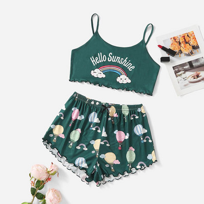 Nyári női hálóruha Aranyos rajzfilmmintás rövid szett pizsama nőknek pizsama szett Édes rövid ujjú V-nyakú és rövidnadrág Pijama