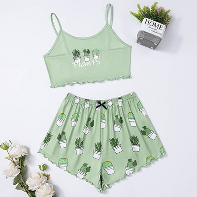 Nyári női hálóruha Aranyos rajzfilmmintás rövid szett pizsama nőknek pizsama szett Édes rövid ujjú V-nyakú és rövidnadrág Pijama