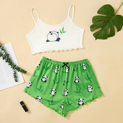 Nyári női hálóruha Aranyos rajzfilmmintás rövid szett pizsama nőknek pizsama szett Édes rövid ujjú V-nyakú és rövidnadrág Pijama