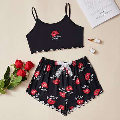 Nyári női hálóruha Aranyos rajzfilmmintás rövid szett pizsama nőknek pizsama szett Édes rövid ujjú V-nyakú és rövidnadrág Pijama