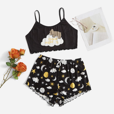 Nyári női hálóruha Aranyos rajzfilmmintás rövid szett pizsama nőknek pizsama szett Édes rövid ujjú V-nyakú és rövidnadrág Pijama