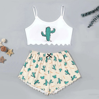 Nyári női hálóruha Aranyos rajzfilmmintás rövid szett pizsama nőknek pizsama szett Édes rövid ujjú V-nyakú és rövidnadrág Pijama