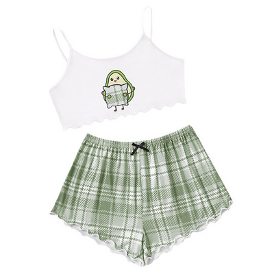 Nyári női hálóruha Aranyos rajzfilmmintás rövid szett pizsama nőknek pizsama szett Édes rövid ujjú V-nyakú és rövidnadrág Pijama