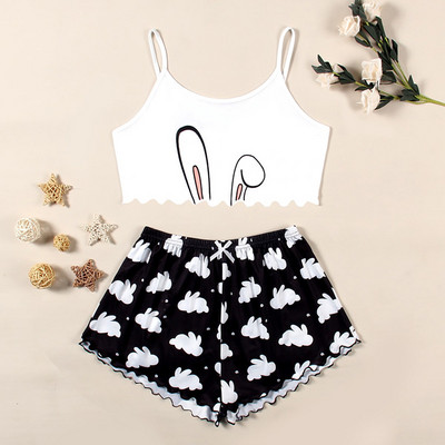 Nyári női hálóruha Aranyos rajzfilmmintás rövid szett pizsama nőknek pizsama szett Édes rövid ujjú V-nyakú és rövidnadrág Pijama