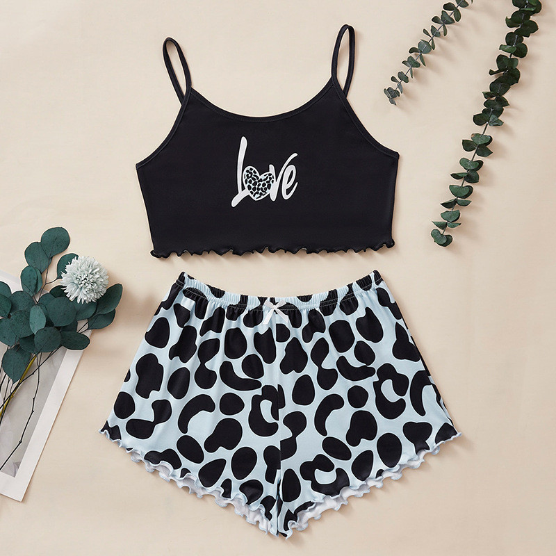 Nyári női hálóruha Aranyos rajzfilmmintás rövid szett pizsama nőknek pizsama szett Édes rövid ujjú V-nyakú és rövidnadrág Pijama