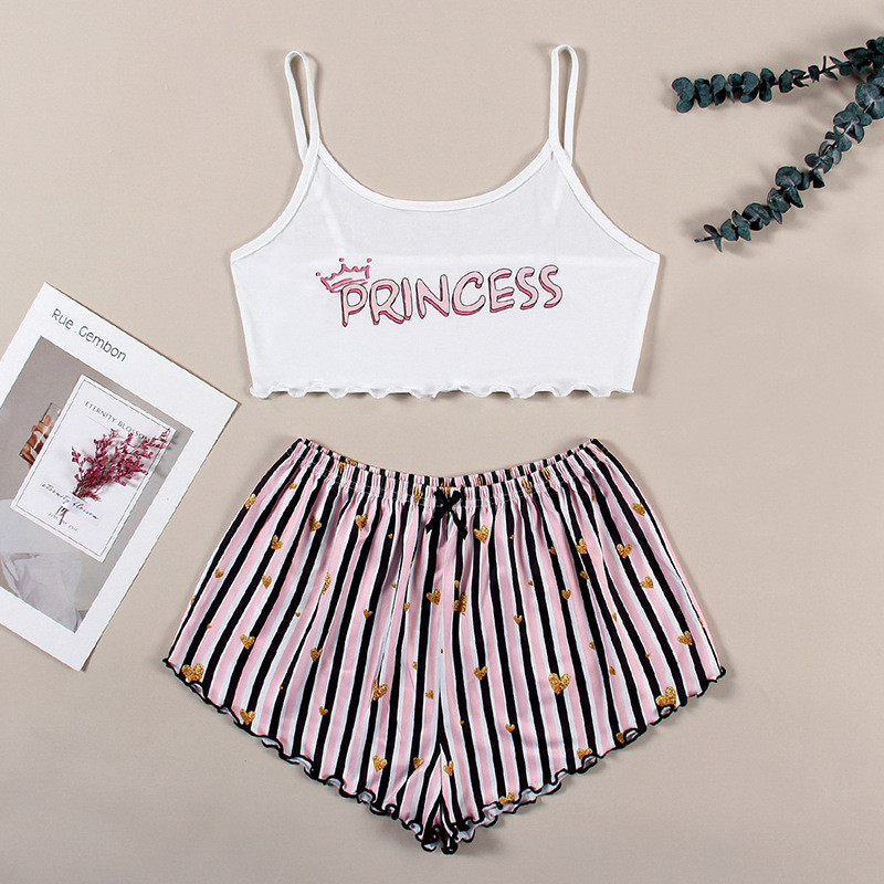 Nyári női hálóruha Aranyos rajzfilmmintás rövid szett pizsama nőknek pizsama szett Édes rövid ujjú V-nyakú és rövidnadrág Pijama