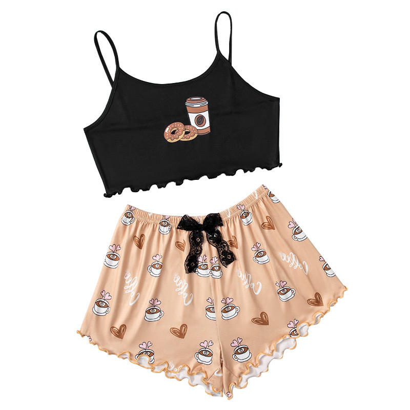 Nyári női hálóruha Aranyos rajzfilmmintás rövid szett pizsama nőknek pizsama szett Édes rövid ujjú V-nyakú és rövidnadrág Pijama