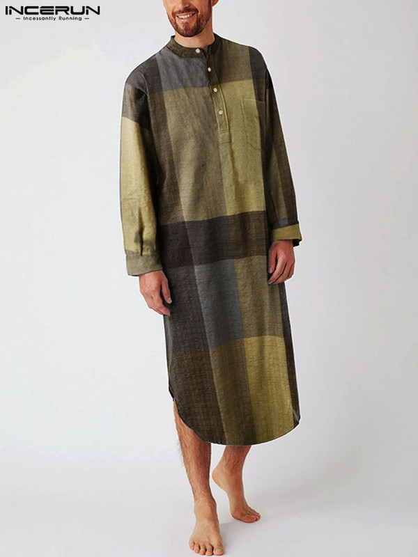 Modes rūtaini miega halāti INCERUN Vīriešu naktsveļa ar garām piedurknēm O kakla Naktsveļa Kokvilnas kabatas Naktskrekls Mājīgs pogas guļamveļa 7. lielais izmērs