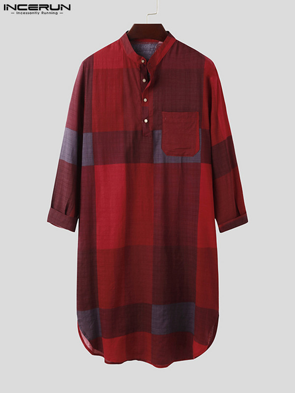 Modes rūtaini miega halāti INCERUN Vīriešu naktsveļa ar garām piedurknēm O kakla Naktsveļa Kokvilnas kabatas Naktskrekls Mājīgs pogas guļamveļa 7. lielais izmērs