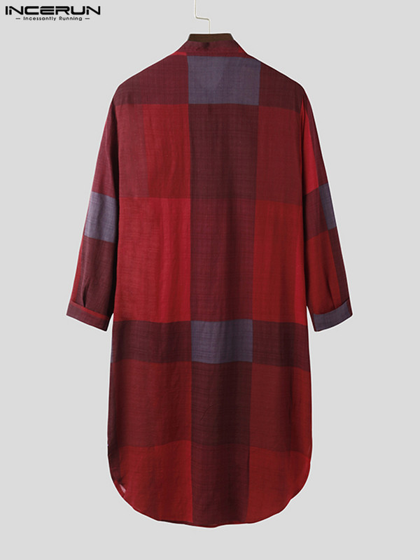 Modes rūtaini miega halāti INCERUN Vīriešu naktsveļa ar garām piedurknēm O kakla Naktsveļa Kokvilnas kabatas Naktskrekls Mājīgs pogas guļamveļa 7. lielais izmērs