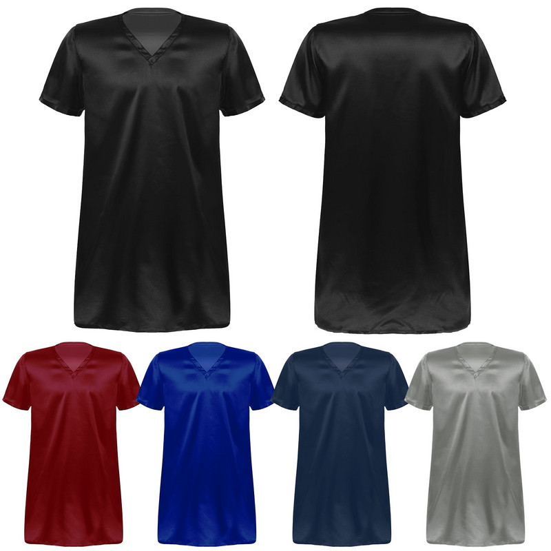 Ανδρικά σατέν νυχτικά Πυζάμες Νυχτικό Σπίτι Φορέστε Πυτζάμες Sleep Μεταξωτά T-shirts Καλοκαιρινά μονόχρωμα κοντομάνικα μπλουζάκια νυχτικά