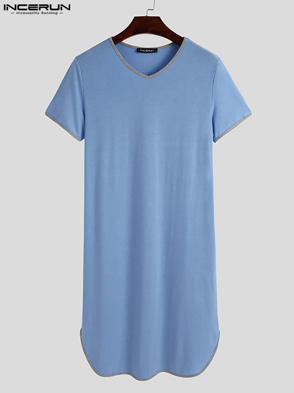 Vară cu mâneci scurte cu decolteu în V Îmbrăcăminte pentru acasă INCERUN bărbați mozaic halate de dormit pentru bărbați halate de baie lejere confortabile Cămașă de noapte solidă, S-5XL