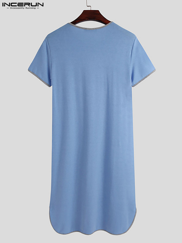 Vară cu mâneci scurte cu decolteu în V Îmbrăcăminte pentru acasă INCERUN bărbați mozaic halate de dormit pentru bărbați halate de baie lejere confortabile Cămașă de noapte solidă, S-5XL