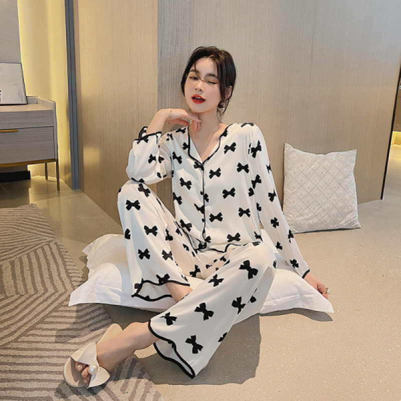 Női 2 részes pizsama szettek masnis pizsama műselyem szatén V-nyakú pizsama női hálóruha öltöny hosszú ujjú ing nadrág házi ruha