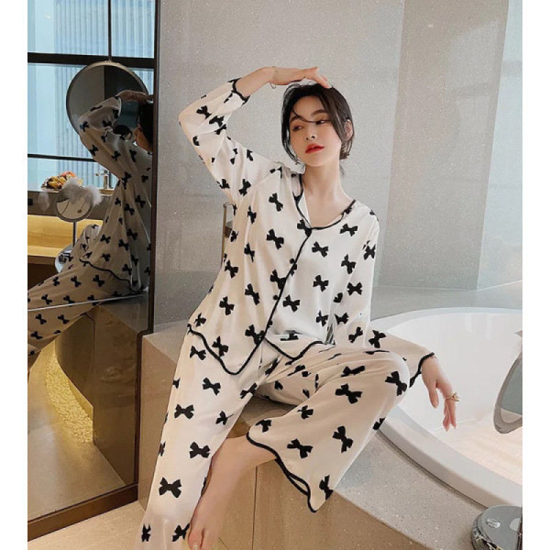 Női 2 részes pizsama szettek masnis pizsama műselyem szatén V-nyakú pizsama női hálóruha öltöny hosszú ujjú ing nadrág házi ruha