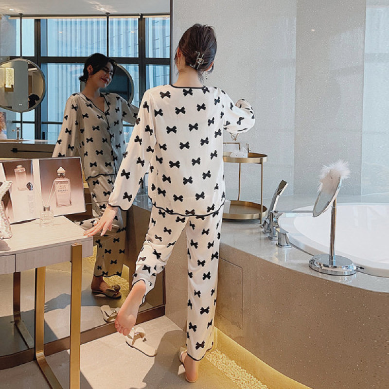 Női 2 részes pizsama szettek masnis pizsama műselyem szatén V-nyakú pizsama női hálóruha öltöny hosszú ujjú ing nadrág házi ruha