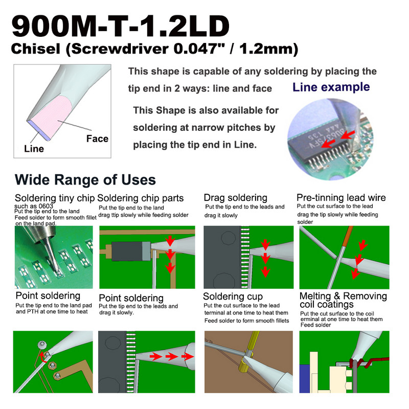 Μύτη συγκόλλησης 900M-T-1.2LD Σμίλη 1.2mm για Hakko 936 907 Milwaukee M12SI-0 Radio Shack 64-053 Yihua 936 X-Tronics 3020 Iron Bit