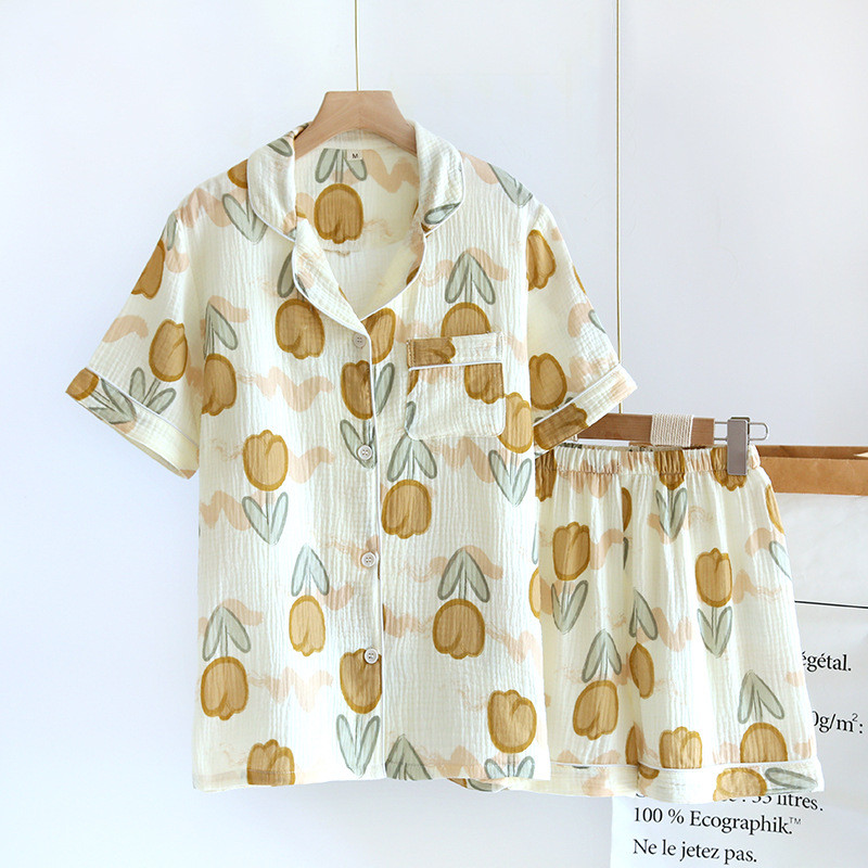 Maaelu stiilis lahtised pidžaamad, tulbitrükiga puuvillased marli, lühikeste varrukatega lühikesed püksid puhkerõivad, naiste vabad öörõivad, 2-osalised komplektid