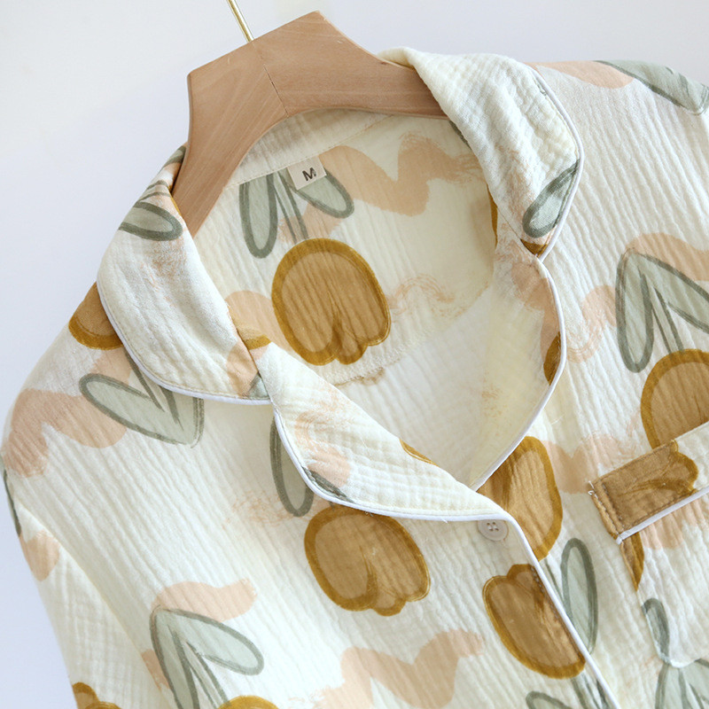 Maaelu stiilis lahtised pidžaamad, tulbitrükiga puuvillased marli, lühikeste varrukatega lühikesed püksid puhkerõivad, naiste vabad öörõivad, 2-osalised komplektid