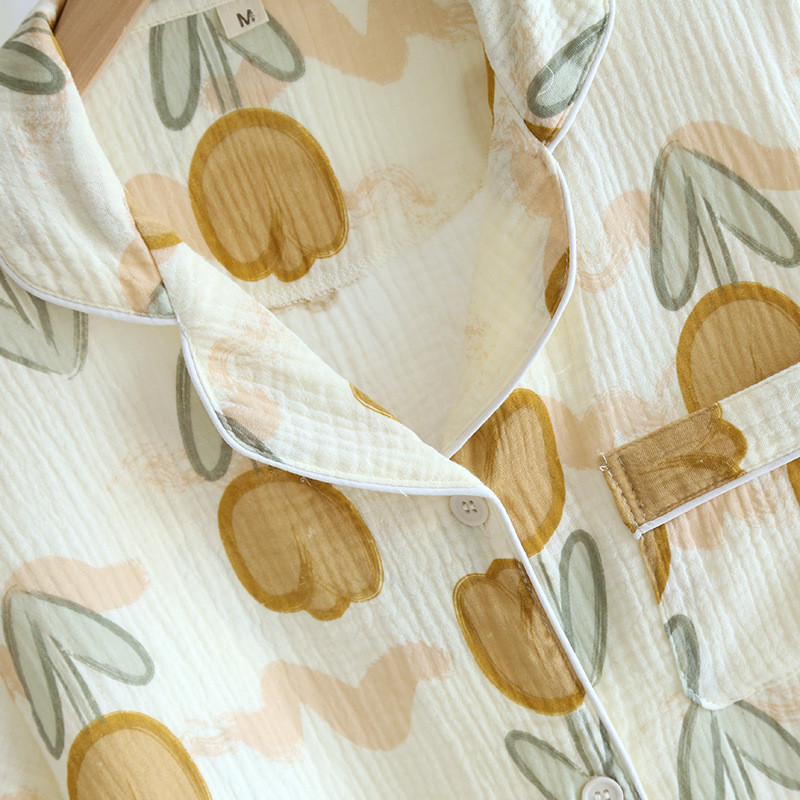 Maaelu stiilis lahtised pidžaamad, tulbitrükiga puuvillased marli, lühikeste varrukatega lühikesed püksid puhkerõivad, naiste vabad öörõivad, 2-osalised komplektid