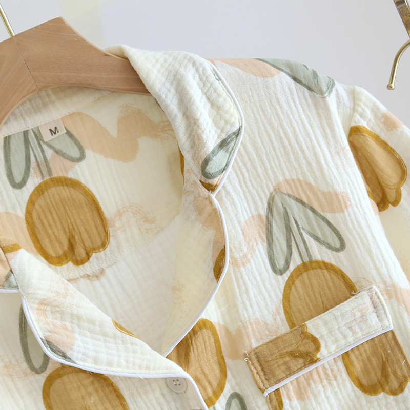 Maaelu stiilis lahtised pidžaamad, tulbitrükiga puuvillased marli, lühikeste varrukatega lühikesed püksid puhkerõivad, naiste vabad öörõivad, 2-osalised komplektid