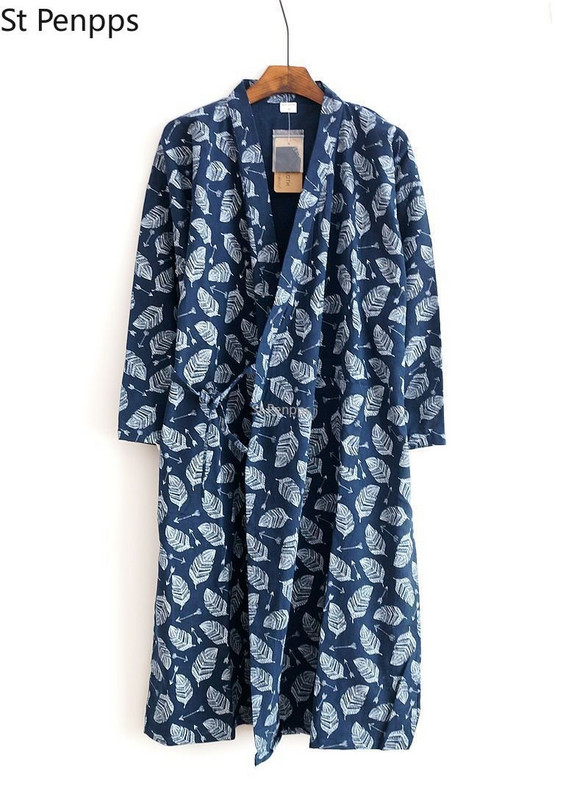 Νυχτικό Kimono σε ιαπωνικό στυλ Ανδρικό μπουρνούζι από βαμβακερό και λινό Ανοιξιάτικο φθινόπωρο χαλαρή γραβάτα μακριά λεπτή Yukata Eastern Culture Kyoto