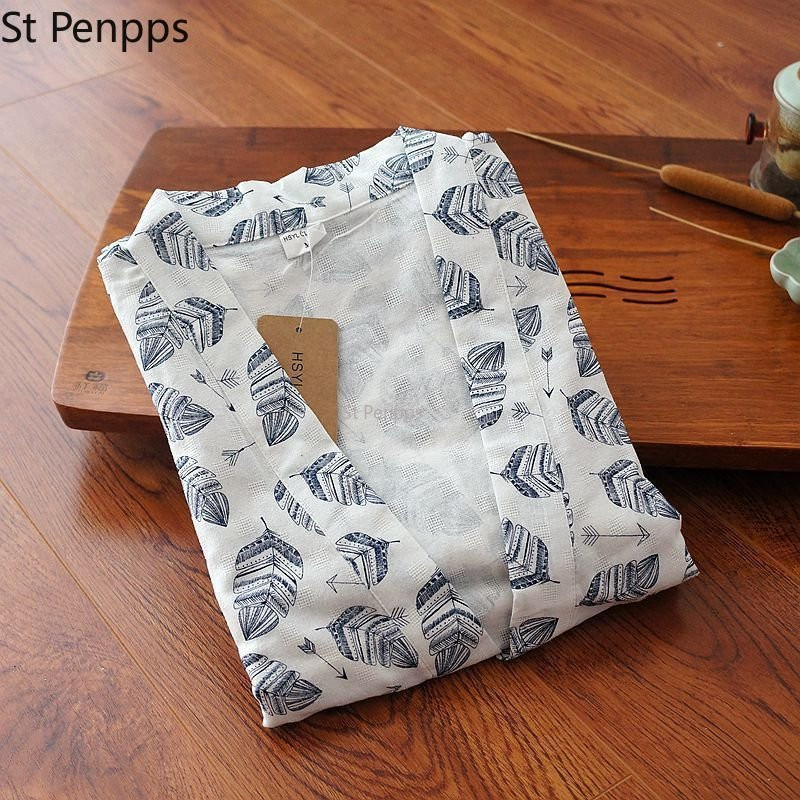 Νυχτικό Kimono σε ιαπωνικό στυλ Ανδρικό μπουρνούζι από βαμβακερό και λινό Ανοιξιάτικο φθινόπωρο χαλαρή γραβάτα μακριά λεπτή Yukata Eastern Culture Kyoto