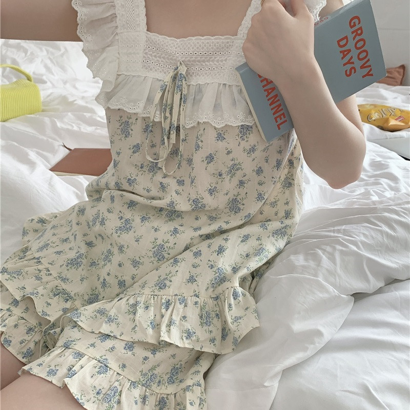 Vasaras guļamveļas sievietēm ar ziedu apdruku, topi bez piedurknēm šorti, kostīmi, mājas apģērbi, stils, mežģīnes, ikdienas pidžamas, kokvilna, mīksta D400