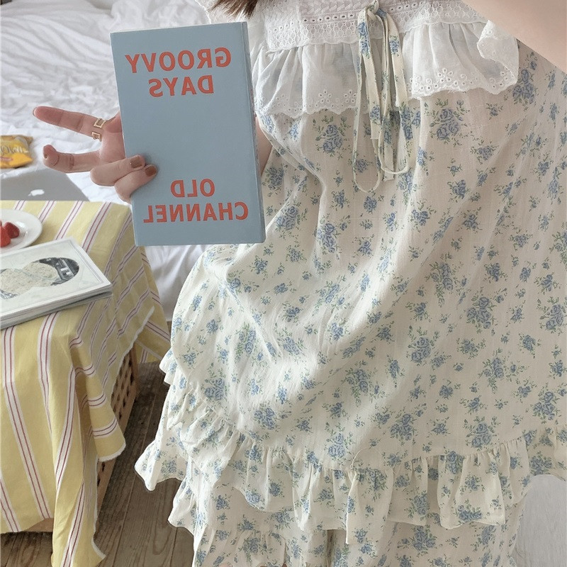 Vasaras guļamveļas sievietēm ar ziedu apdruku, topi bez piedurknēm šorti, kostīmi, mājas apģērbi, stils, mežģīnes, ikdienas pidžamas, kokvilna, mīksta D400