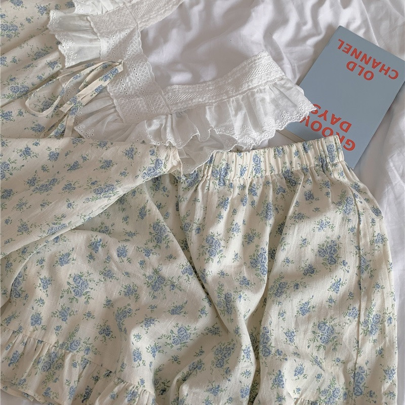 Vasaras guļamveļas sievietēm ar ziedu apdruku, topi bez piedurknēm šorti, kostīmi, mājas apģērbi, stils, mežģīnes, ikdienas pidžamas, kokvilna, mīksta D400