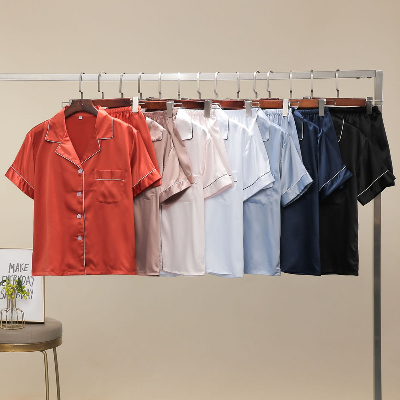 Vairāku krāsu satīna šortu pidžamu komplekts sievietēm vasaras plānās īsās piedurkņu jakas ar šortiem mājas apģērba divdaļīgs pidžamas komplekts