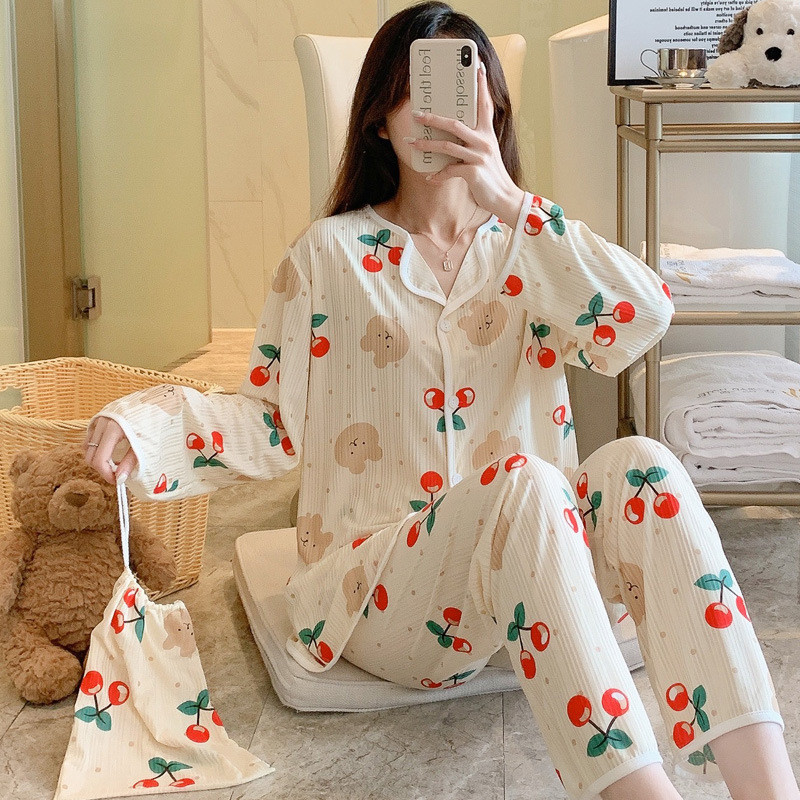 Női pizsama szettek Pamut mintás pizsama női pizsama hajtóka hosszú ujjú ing nadrág öltöny Hálóruházat Háziruházat Nappali ruházat Hálóruházat
