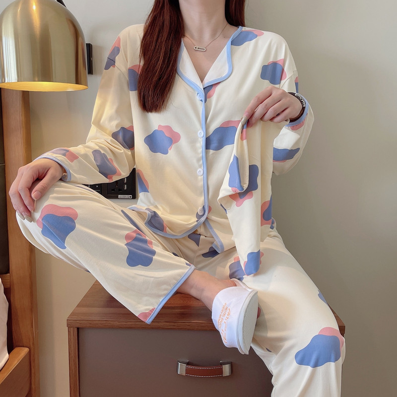 Női pizsama szettek Pamut mintás pizsama női pizsama hajtóka hosszú ujjú ing nadrág öltöny Hálóruházat Háziruházat Nappali ruházat Hálóruházat