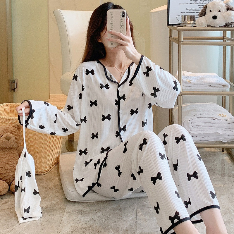 Női pizsama szettek Pamut mintás pizsama női pizsama hajtóka hosszú ujjú ing nadrág öltöny Hálóruházat Háziruházat Nappali ruházat Hálóruházat