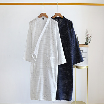 Халат с голям размер Мъжки дълъг стил от памучен плат Пролетно и лятно халат Мъжки раирани домашни халати за баня за мъже