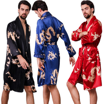 Мъжко копринено есенно сатенено кимоно Халат за баня Златен дракон с дължина до коляното и дълъг ръкав Черен халат за баня Спално облекло RTYU1