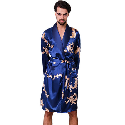 Мъжко копринено есенно сатенено кимоно Халат за баня Златен дракон с дължина до коляното и дълъг ръкав Черен халат за баня Спално облекло RTYU1