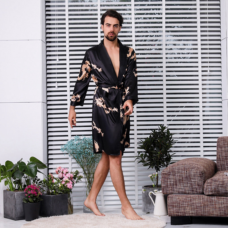 Vyriškas šilkas rudeninis atlasinis kimono chalatas Golden Dragon iki kelių ilgomis rankovėmis juodas vonios chalatas chalatas miegui RTYU1