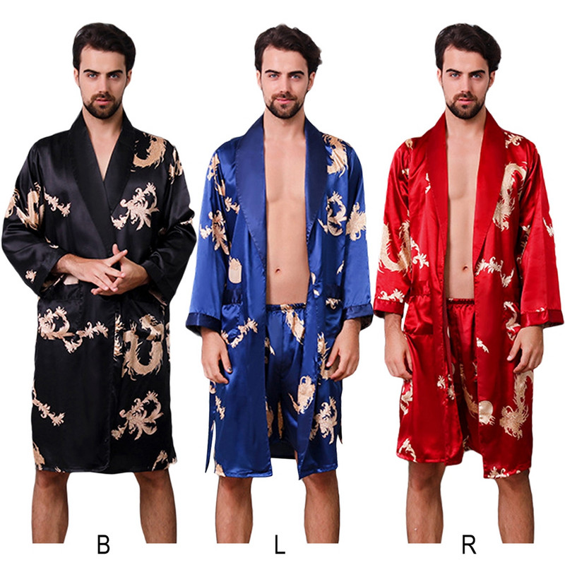 Vyriškas šilkas rudeninis atlasinis kimono chalatas Golden Dragon iki kelių ilgomis rankovėmis juodas vonios chalatas chalatas miegui RTYU1
