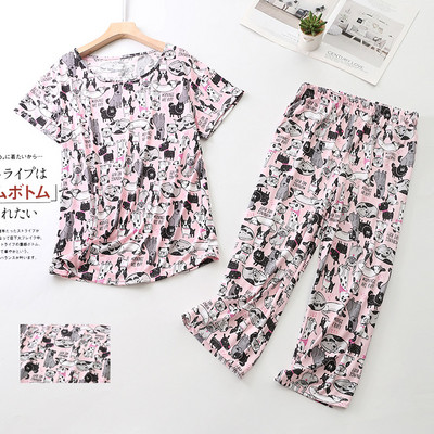 Nagy méretű pizsama szettek női divatos nyomott bő, rövid ujjú lábszárig érő nadrágok hangulatos aranyos rajzfilm hálóruha kerek nyakú pizsama