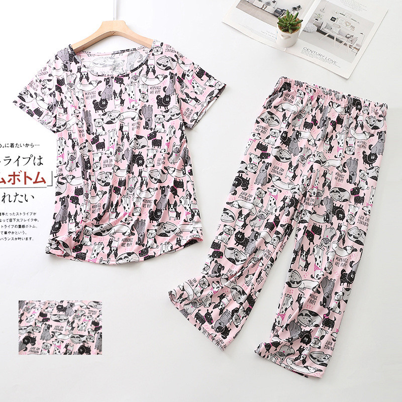 Nagy méretű pizsama szettek női divatos nyomott bő, rövid ujjú lábszárig érő nadrágok hangulatos aranyos rajzfilm hálóruha kerek nyakú pizsama