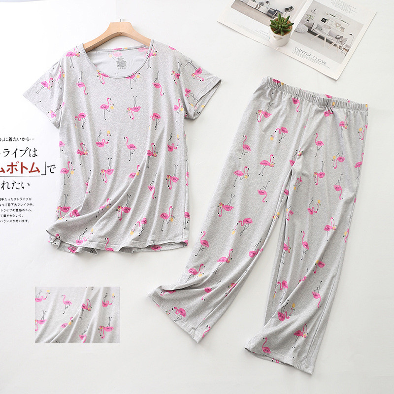 Nagy méretű pizsama szettek női divatos nyomott bő, rövid ujjú lábszárig érő nadrágok hangulatos aranyos rajzfilm hálóruha kerek nyakú pizsama