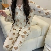 Édes rajzfilm medve őszi pizsama szett női egysoros ing + nadrág szett kétrészes otthoni öltöny, laza hálóruha