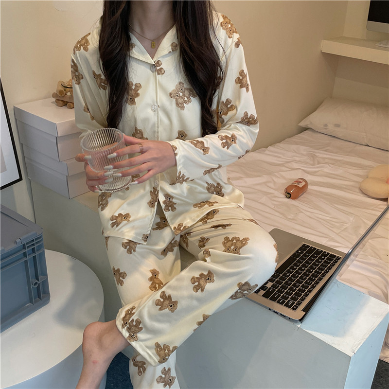 Édes rajzfilm medve őszi pizsama szett női egysoros ing + nadrág szett kétrészes otthoni öltöny, laza hálóruha