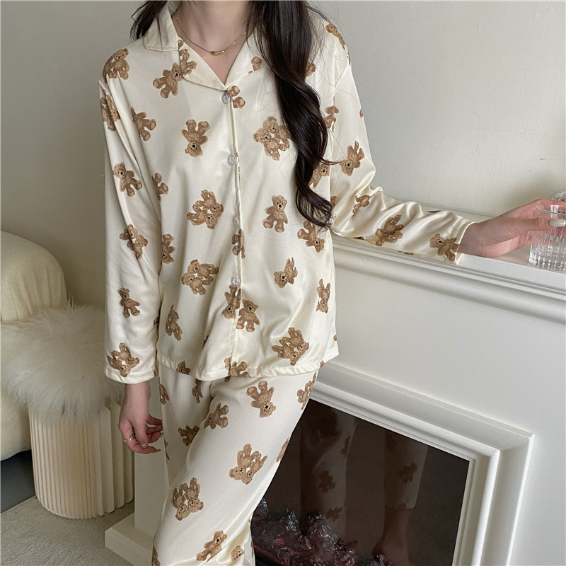 Édes rajzfilm medve őszi pizsama szett női egysoros ing + nadrág szett kétrészes otthoni öltöny, laza hálóruha