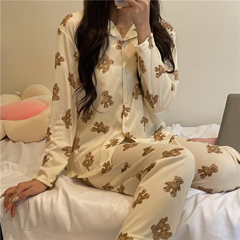 Édes rajzfilm medve őszi pizsama szett női egysoros ing + nadrág szett kétrészes otthoni öltöny, laza hálóruha